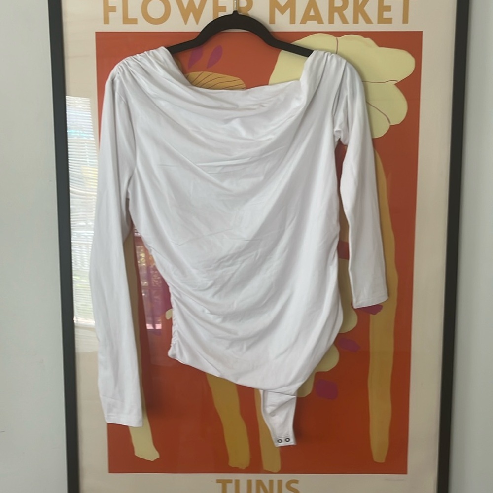 Abercrombie & Fitch White Long-Sleeve Draped Bodysuit